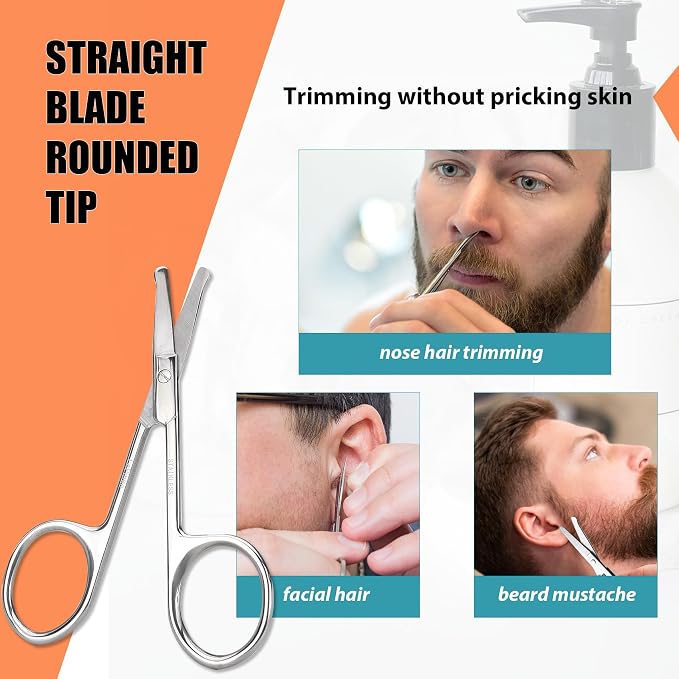 Facial Hair Small Grooming Scissors For Men Women - Eyebrow, Nose Hair, Mustache, Beard, Eyelashes, Ear Trimming Kit - Curved and Rounded Safety Tip Clippers For Hair Cutting - 2PCS Silver
