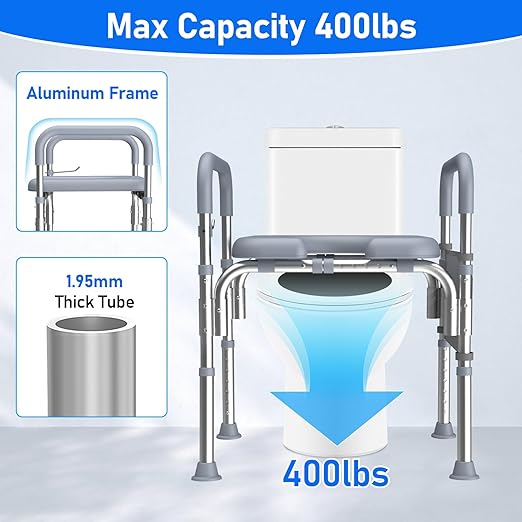 Raised Toilet Seat with Handles,Adjustable Height & Width 400lb Capacity Toilet Seat Risers,Secure Support for Seniors, Bariatric & Disabled,Fit Any Toilet for Easy & Independent Use