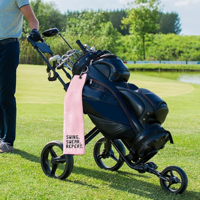 Swing Swear Repeat Embroidered Pink Golf Towel, Funny Towels for Golf Bags with Clip, Mother Day Retirement Birthday Gifts for Grandma Mom Sister Aunt Golfer Sport Lover, Ladies Golf Towel