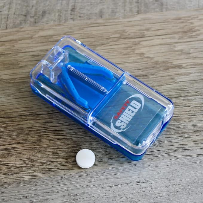 Ezy Dose Pill Cutter and Splitter with Safety Shield, Daily Usage, Safely Cut Pills, Vitamins, Tablets in Half, Accurate and Easy Cutting, Stainless Steel Blade, Travel Sized, Color May Vary, BPA Free