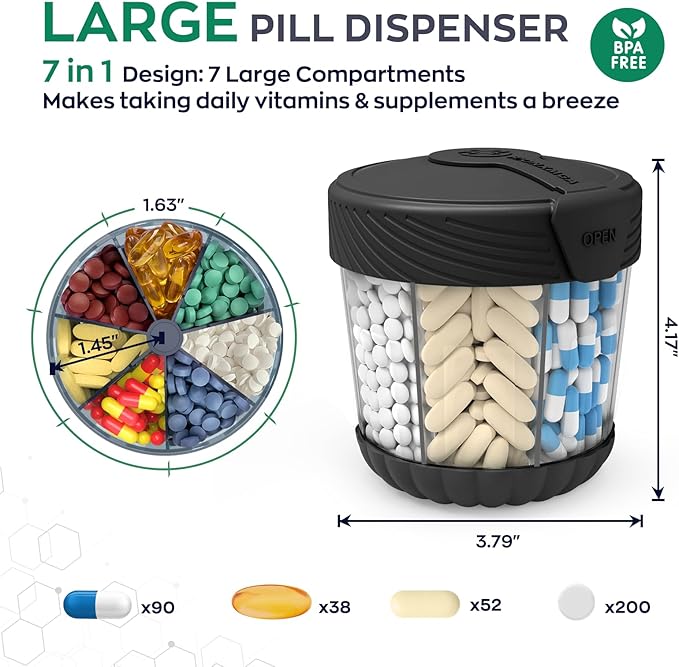 Large Pill Dispenser with 7 Compartments, Portable Pill Bottle Organizer for Travel, Anti-Mix Supplement Organizer Easy Twist Wide-Opening, BPA-Free Pill Box Container with 20Pcs Labels,Black