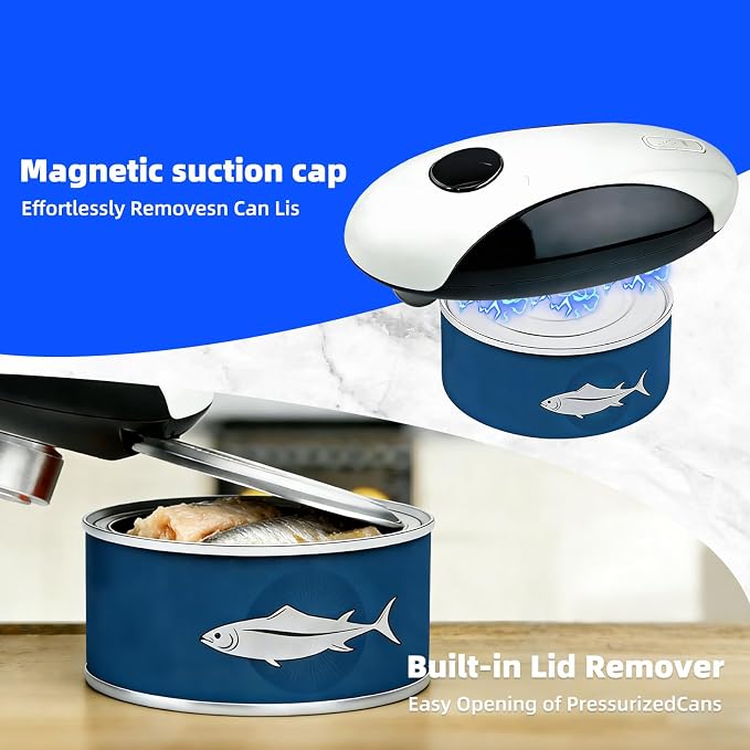 Kitchen Rechargeable Electric Can Opener, One-Touch Opening, Smooth Rim, USB-C Fast Charge, Senior Friendly, White, Hands-Free Design, Easy to Grip and Fits Most Cans
