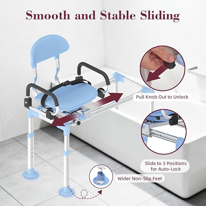 Sliding Shower Chair with 360°Swivel Seat, Adjustable Height & Backrest Shower Chair Tub Transfer Bench with Safety Belt, Pivoting Armrests Swivel Shower Chair for Elderly, 330 Lb Capacity Blue