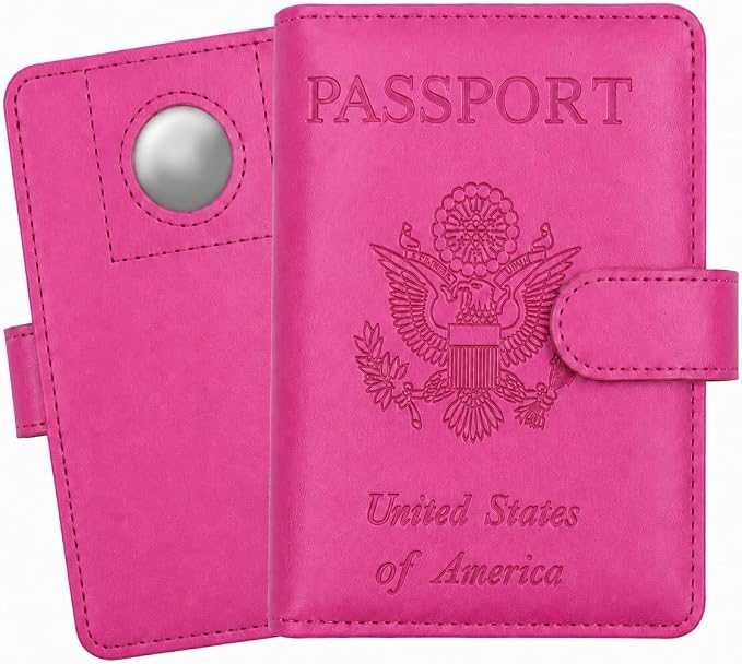 Passport Holder with Air-Tag Slot RFID Blocking Leather Travel Wallet | Multiple Card Compartments, SIM Card Access, Compact Carry Design, Flight Ready Essentials for Men & Women, Fuchsia
