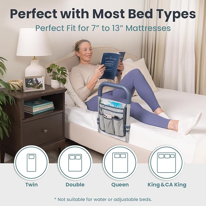 PELEGON Bed Rails for Elderly Adults Safety, ASTM Compliant, Adjustable Bed Rail with Non-Slip Ergonomic Handle and Storage Pockets, Bed Railings for Seniors Supports up to 300 lb, Tool-Free Assembly