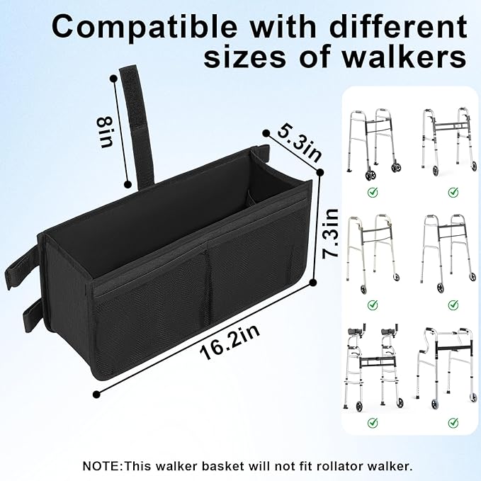 FREEAMG Walker Basket for Folding Walker, Large Capacity Foldable Walker Bag, Walker Storage Bag With Cup Holder, Detachable Walker Accessories Basket for Seniors (Black)