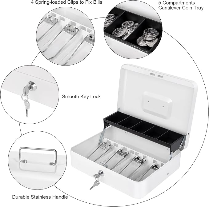 Cash Box with Money Tray and Lock, Money Box for Cash, Cash Register for Small Businesses, Metal Lock Box for Money 11.8" x 9.4" x 3.54" White