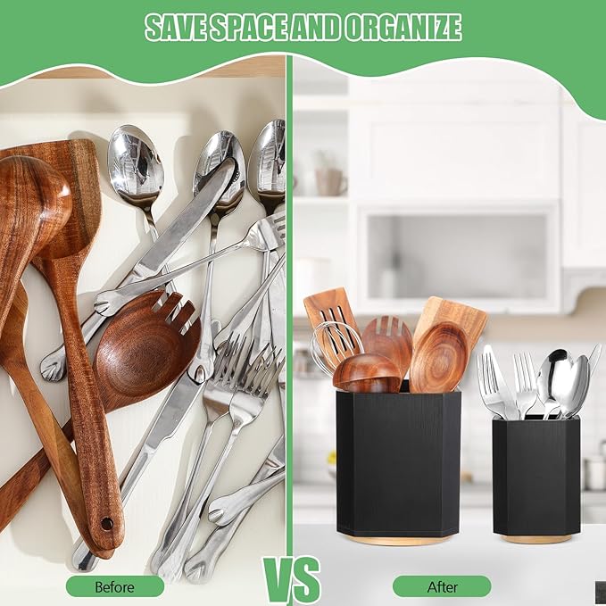 2 Pack Wooden Utensil Holder, 360°Rotating Kitchen Cooking Utensil Crock, Spoon Spatula Holder for Kitchen Counter, Farmhouse Countertop Organizer(Black,Square)