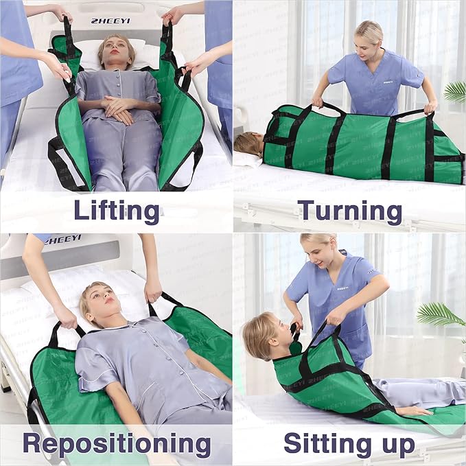Multipurpose 48" x 40" Positioning Bed Pad with Reinforced Handles - Reusable & Washable Patient Sheet for Turning, Lifting & Repositioning - Double-Sided Nylon Fabric, Green