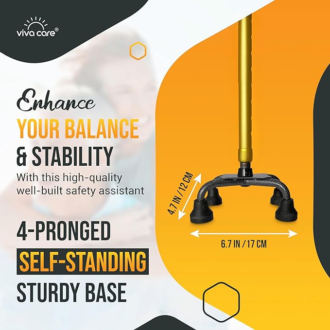 VIVA CARE Walking Cane with 4 Prongs and Extra Side Handle – Adjustable, for Balance & Stability for Adults, Seniors, and Injured.