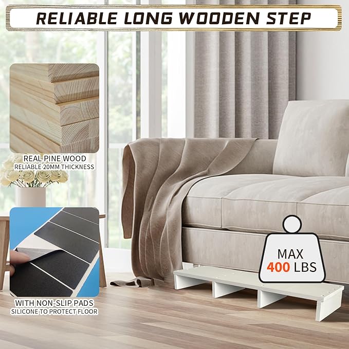 39IN Long Wooden Step Stool for Elderly, Half Wooden Riser Step Stool for High Bed, Bathroom, Kitchen and Living Room, 400LBs Loading(39.0" L*11.5" W*4.6" H, White)