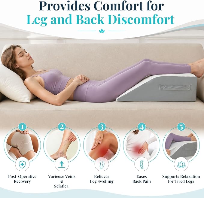 Yojoker Leg Elevation Pillow Blood Circulation, Memory Foam Wedge Pillow for Legs Swelling, Leg Elevation Pillows for After Surgery, Knee Wedge Pillow for Sleeping Back Hip Ankles Relief White/Grey