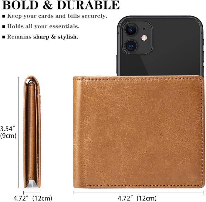 Wallet for Men Genuine Leather RFID Blocking Bifold Wallet With 2 ID Windows (Khaki)