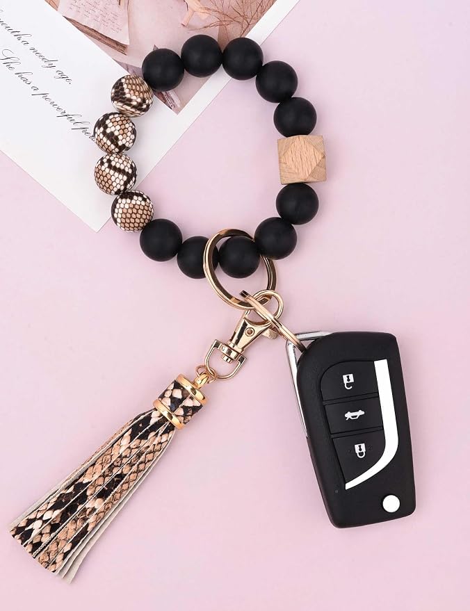 BAOSIWA Silicone Beaded Bracelet Keychain Wristlet Key Ring Bangle Chains for Women with Leather Tassel