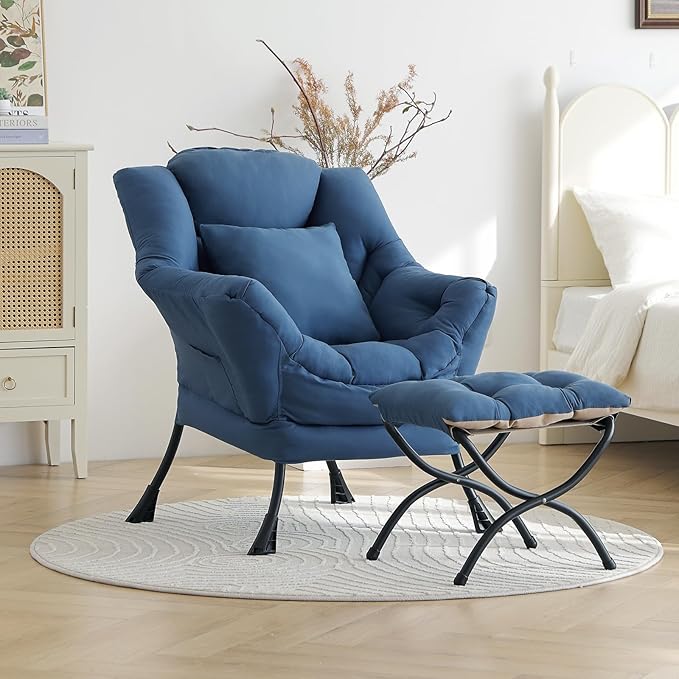 Lazy Chair with Ottoman, Comfy Reading Chair for Bedroom, Blue | Comfy Bedroom Accent Chair with Washable Removable Cover and extra throw pillow for Living Room Dorm