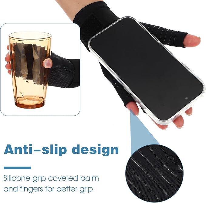 Copper Arthritis Compression Gloves with Wrist Strap, Fingerless Hand Compression Gloves for Women Men Carpal Tunnel