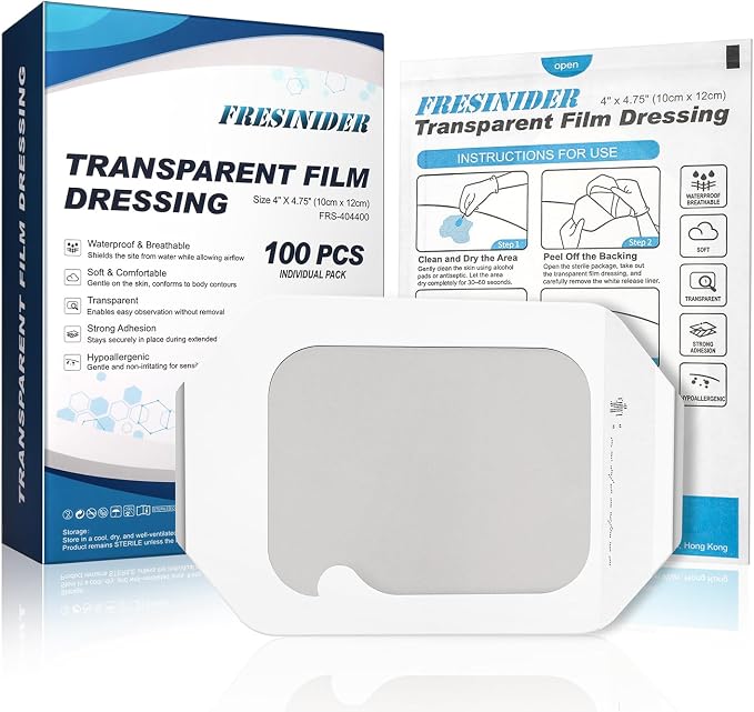 FRESINIDER Transparent Film Dressing 4” x 4.75” (100 Pack) – Waterproof Shower Bandages, Breathable Clear Wound Cover with Border for IV Sites, Post-Surgery Care & Tattoo Aftercare