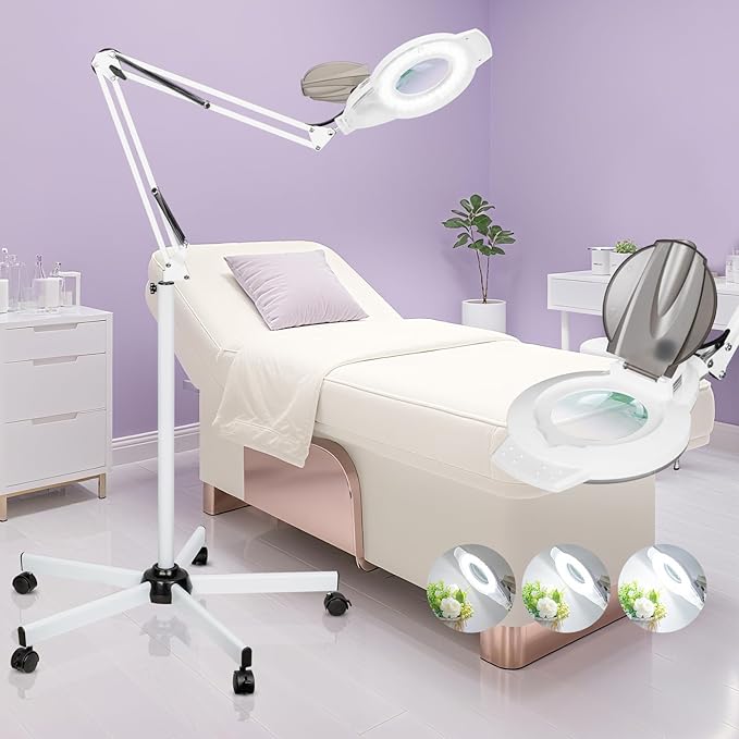 2200 Lumens Mag Lamp for Estheticians, 2-in-1 Magnifier Floor Light | 144 LED Stepless Dimmable, 10X Real Glass, 4 Wheel Rolling Stand Mag Lamp for Estheticians Facial Tattoo Craft Reading