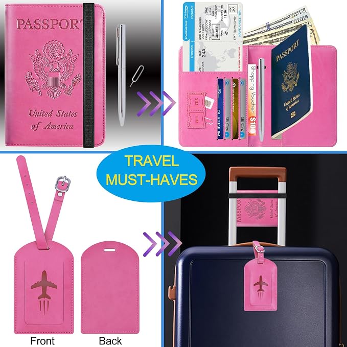 Passport Holder With Luggage Tag, Travel Essentials, Passport Cover | Passport Wallet, Travel Accessories, RFID Blocking, Synthetic Leather Card Case, International Must Haves, For Women Men