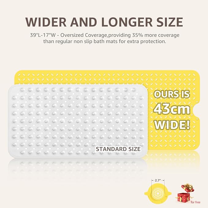 OTHWAY Bath Mat for Tub Non Slip: 39" X 17" Long Bathtub Mat with Hair Catcher│Big Drain Holes Shower Mats for Inside Shower│Machine Washable (Yellow)