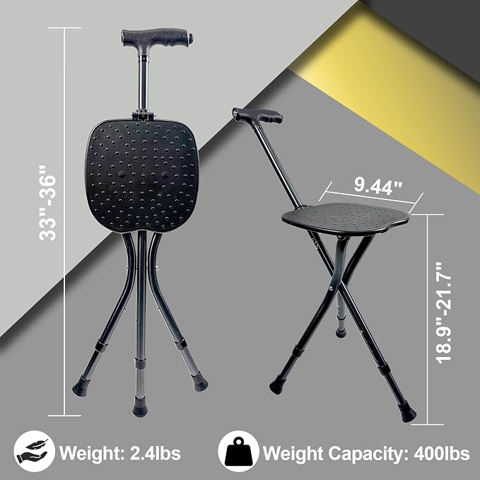 FATTCHIAR Walking Cane with Seat Folding Lightweight Adjustable Cane Chair Foldable for Seniors Portable Seat