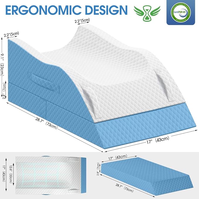 TranquilRelax Elevation Pillows for Leg After Surgery, Memory Foam Adjustable Wedge Pillow for Injury or Rest, Ankle Pillow for Sleeping Blood Circulation, Light Blue/Double Leg