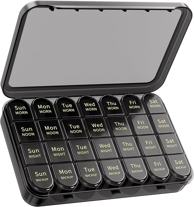 Daviky Pill Organizer 4 Times a Day - Pill Box 7 Day, Weekly Medicine Pill Organizer for Travel with Removable Containers, Pill Case to Hold Daily Vitamins, Supplements and Medication (All Black)