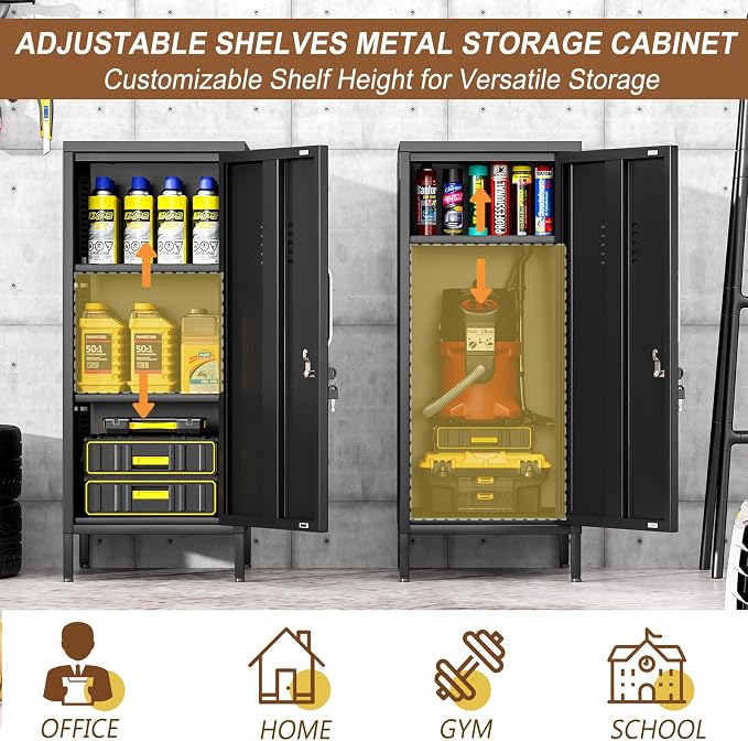 pozdeg 35.43" Metal Storage Locker with Lockable, Metal Steel Locker for Employees with 1 Door ＆ 2 Adjustable Shelves, Small Locker Storage Cabinets for Home, School, Office, Gym (Black)