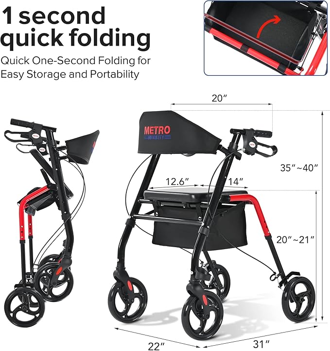 Metro Mobility Rollator Walker with Seat for Seniors, Foldable Lightweight Rolling Walker, 8" Big Wheels for All Terrain, 300 lb. Weight Capacity, Red