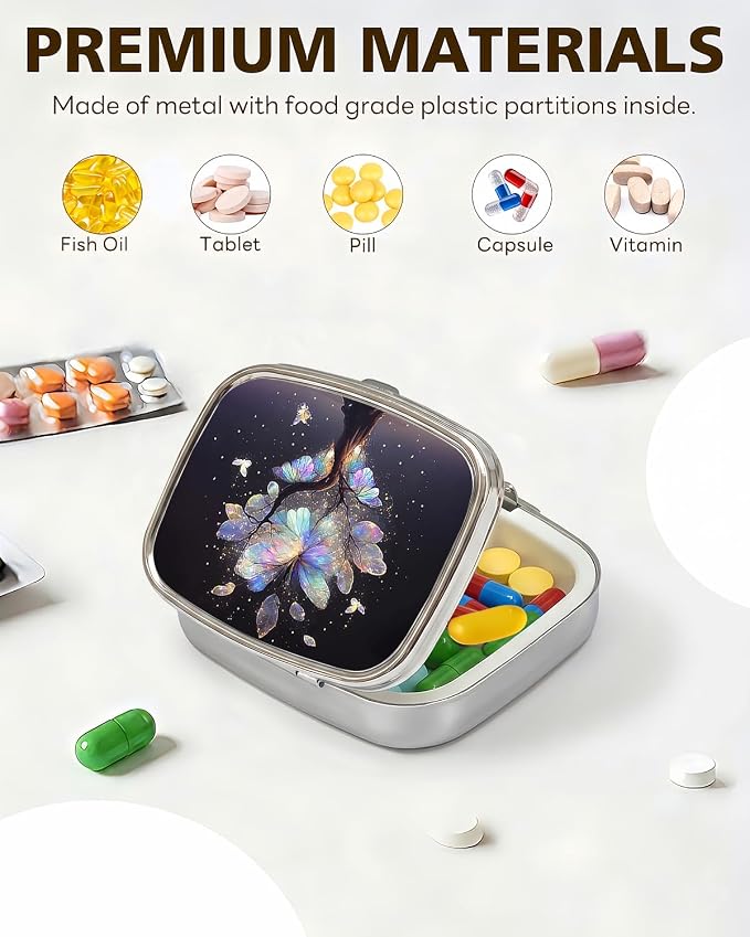 LRITER Pill Case, 2 Compartment Portable Small Travel Pill Organizer for Purse and Pocket, Stylish Medicine Case with Multiple Patterns, Daily Pillbox for Home & Travel (Butterfly Tree)