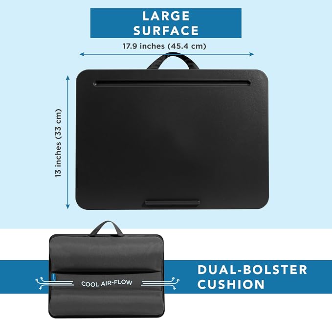LAPGEAR The Original Lap Desk – Black, Fits 17" Laptops | Microbead Cushion, Device Ledge, Built-In Pencil Tray, Carry Handle
