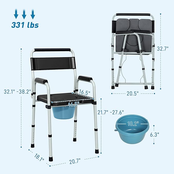 HOMCOM 4 in 1 Bedside Commode Shower Chair Portable Toilet Raised Toilet Seat with Handle for Seniors, Adults, Handicap, Adjustable Height, Black