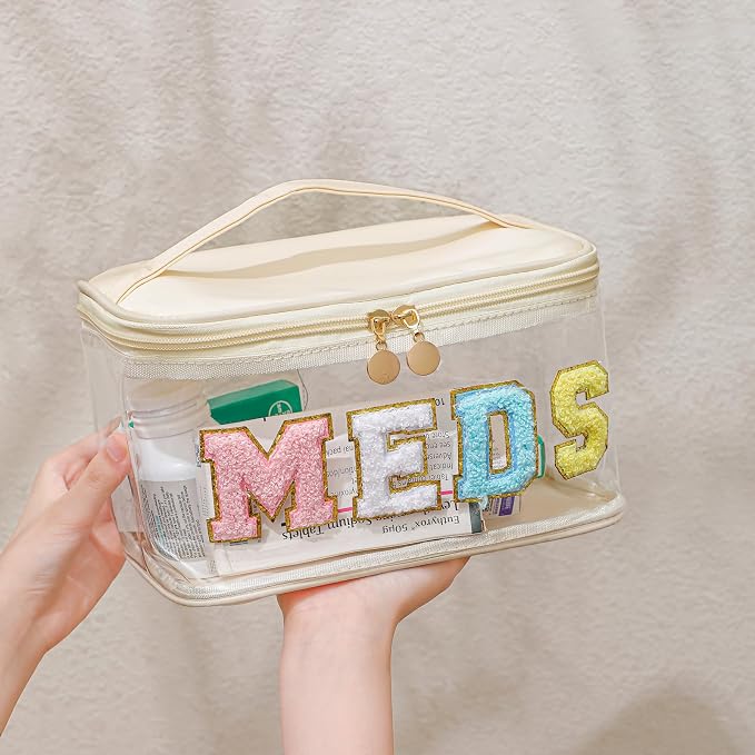 Chenille Letter Clear Medicine Makeup Bag, Large Size Waterproof Nylon Cosmetic Toiletry Storage bag with Top Handle, Transparent Meds First Aid Travel Organizer Cosmetic Bag(03Beige)