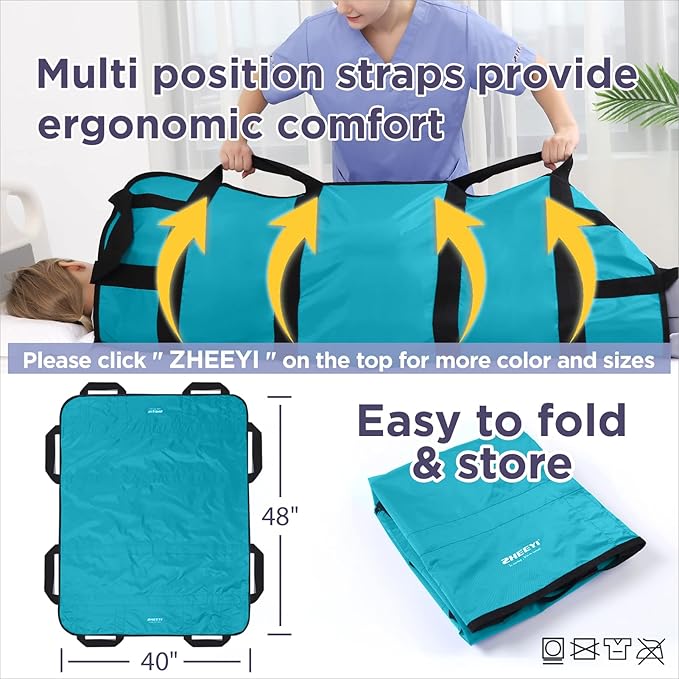 Multipurpose 48" x 40" Positioning Bed Pad with Reinforced Handles - Reusable & Washable Patient Sheet for Turning, Lifting & Repositioning - Double-Sided Nylon Fabric, Peacock Blue