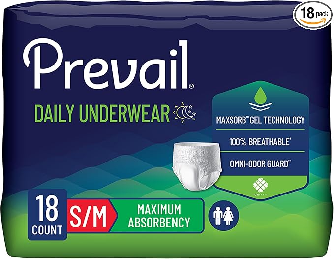 Prevail Daily Unisex Underwear Maximum Disposable Incontinence Underwear Pull On with Tear Away Seams Small/Medium, PVS-512, 18 Count