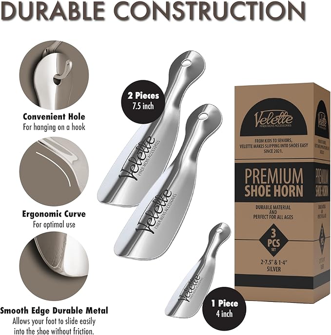 Velette 3-Pack Metal Shoehorn - 2 Set 7.5" Long Shoe Horn,1 Set 4" Travel Shoe Horn for Kids, Men & Women - Shoes Helper, Spoon, Travel Size Shoehorn for Boots, Shoes, Sneakers, Heels and More