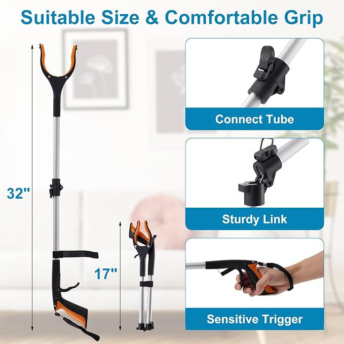 Grabber Reacher Tool with LED Light 32" Foldable Gripper 2 Pack Heavy Duty Pickup Stick for Seniors Trash Picker Upper Surgery Recovery Must Haves Gifts