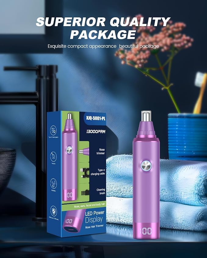Ear and Nose Hair Trimmer for Men and Women, Painless USB Rechargeable Electric Facial & Eyebrow Hair Remover with LED Display, Dual-Edge Blades for Smooth,13000 RPM Motor IPX7 Waterproof (Purple)