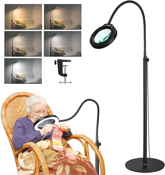 10X Magnifying Glass with Light and Stand, 24" Flexible Gooseneck Magnifying Floor Lamp, 3-in-1 LED 5 Color Modes Stepless Dimmable Lighted Magnifier Hands Free for Close Work, Hobby, Reading