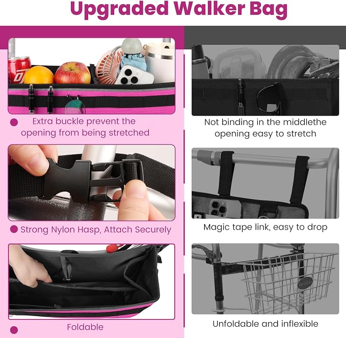 ZHCHG Walker Basket for Seniors, Walker Accessories Bag for Folding Walker | Large Capacity & Never Tipping Over, Best Gift- (Not Fit Rollator Walkers) -Pink