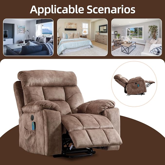 Large Power Lift Recliner Chair with Massage and Heat for Elderly Big and Tall People, Overstuffed Wide Recliners with 2 Cup Holders, Side Pocket and USB Port, Camel
