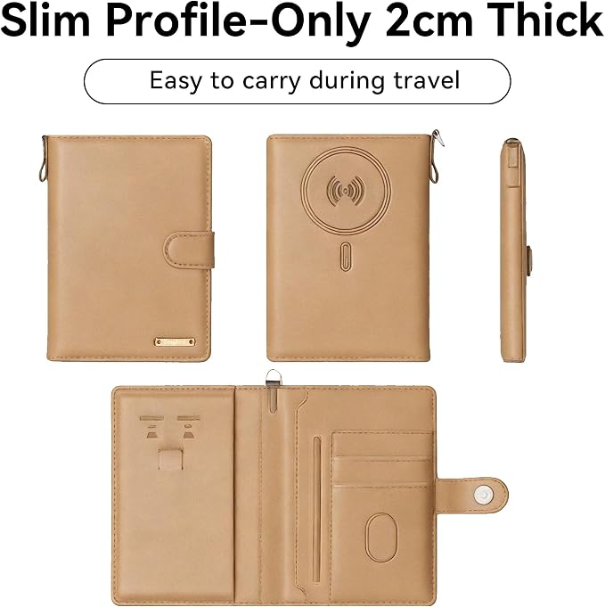 Trackable Passport Holder for Travel, RFID Blocking Wallet, Brown | Rechargeable PU leather cover works with Apple Find My and is Apple MFi certified; it includes card storage and a lanyard.