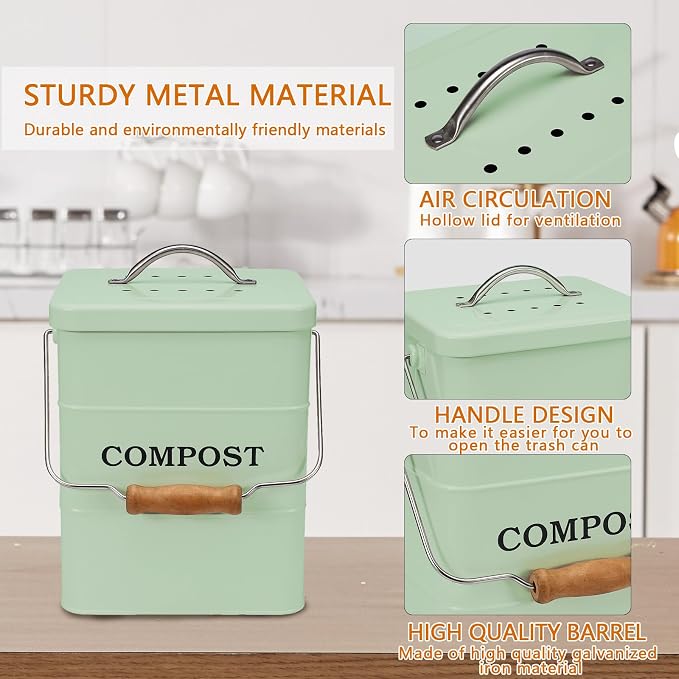 Stainless Steel Compost Bin for Kitchen Countertop Compost Bin,1 Gallon, Kitchen Trash Can -Includes Charcoal Filter,Compost with Lid-Green
