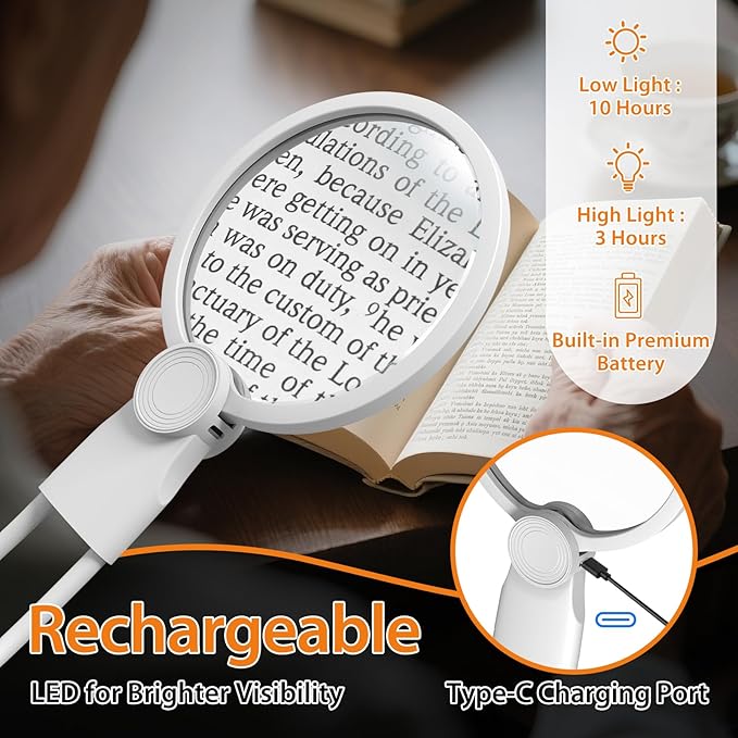 Hands-Free Magnifying Glass with Light, 5X Neck Magnifier for Close Work, Reading Small Print, Cross Stitch, Sewing & Crafts, Rechargeable Lighted Magnifier, Vision Aid for Seniors & Low Vision