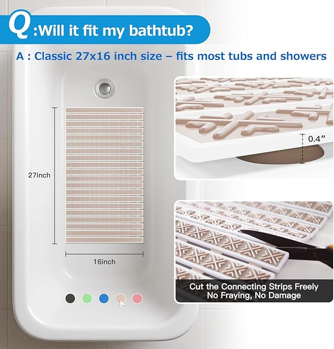 Non Slip Rubber Bathtub & Shower Mat - Fast Drain & Upright Drying Design, Strong Suction Cups, Structured Textured Surface, Low-Maintenance Bathroom Safety Mat, 27 x 16 Inch, Beige, Matace