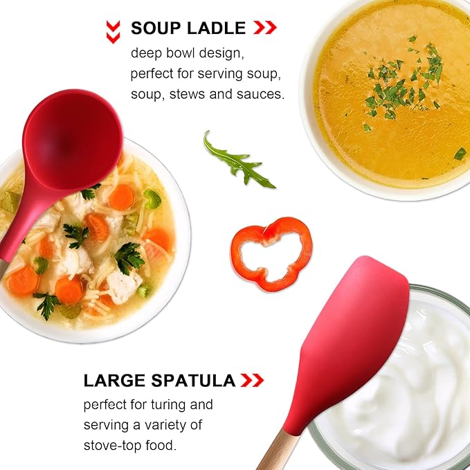Silicone Cooking Utensils Set 5Pcs Non-Stick Silicone Kitchen Utensils for Cooking, Heat Resistant Kitchen Gadgets Spatula Spoon Turner Set with Wooden Handles for Non-Stick Cookware BPA Free