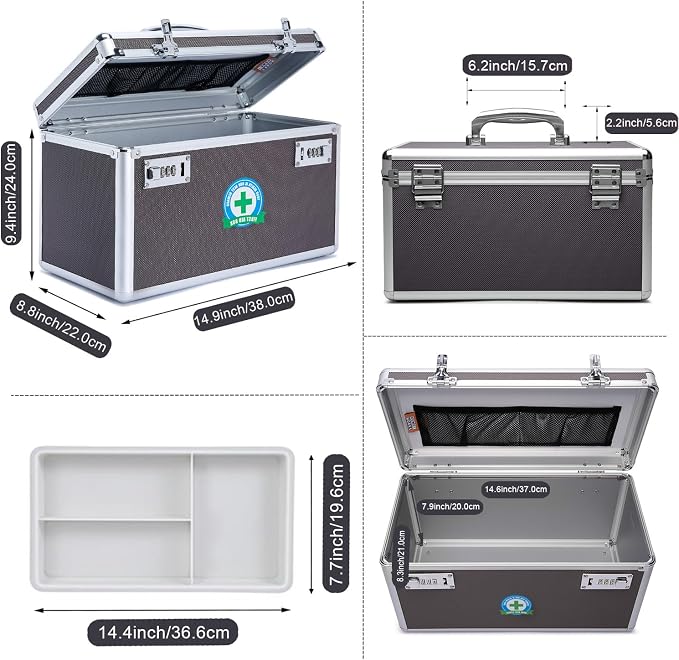 Lockable Medication Box with Portable Storage Case, 15''x 8.7''x 9.3'', Childproof Medicine Lock Organizer, Lockbox for Documents & Valuables (BROWN)
