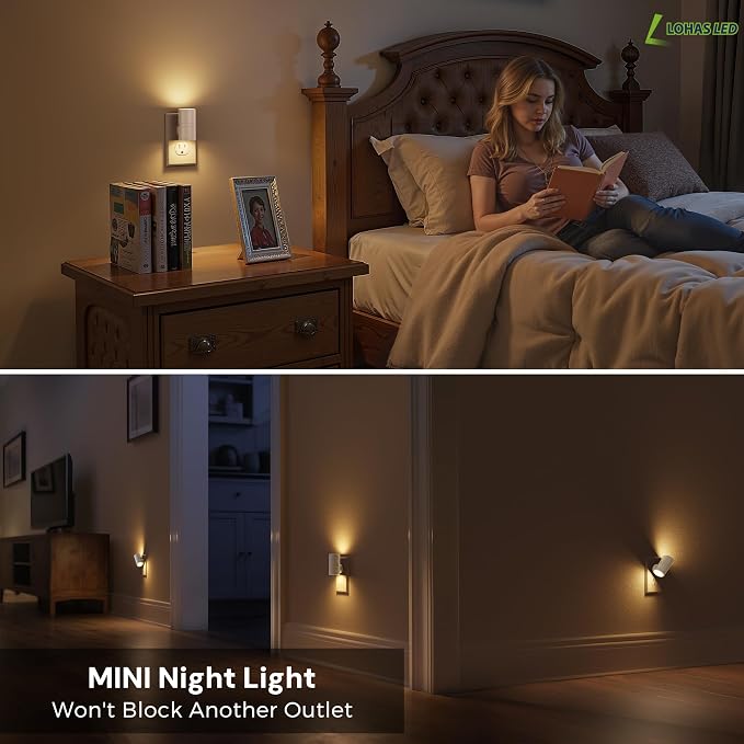 L LOHAS LED Night Light, Soft White 3000K, Light Sensor, White Shade,4 Pack | 50/100LM Dimmable, Plug into Wall, Rotating Nightlight Plug in Wall, Adults Kids Hallway Bedroom Bathroom Stairway Kitchen
