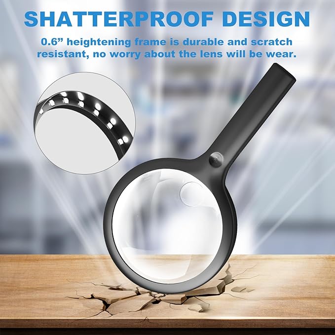 30X 40X Charge Magnifier with Light, NUEYiO 4.33Inch Large Handheld Magnifying Glass with Light, 20 Daylight LEDs & Third Gear Dimming Lighted Magnifying Glass for Seniors Reading Jewelry -Black