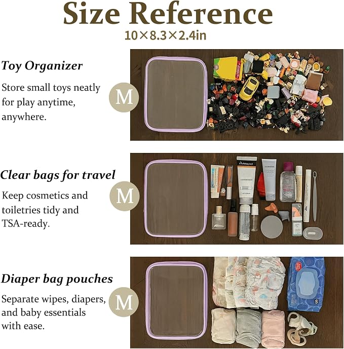 4 pcs Clear Zipper Pouches,Hard Shell Zipper Case, Toiletry Bag for Travel | CLear Diaper Bag, Toiletry Pouch, Travel Organizer, Cosmetic Bag,Toy Storage Bins (M+3S) (Lavender)